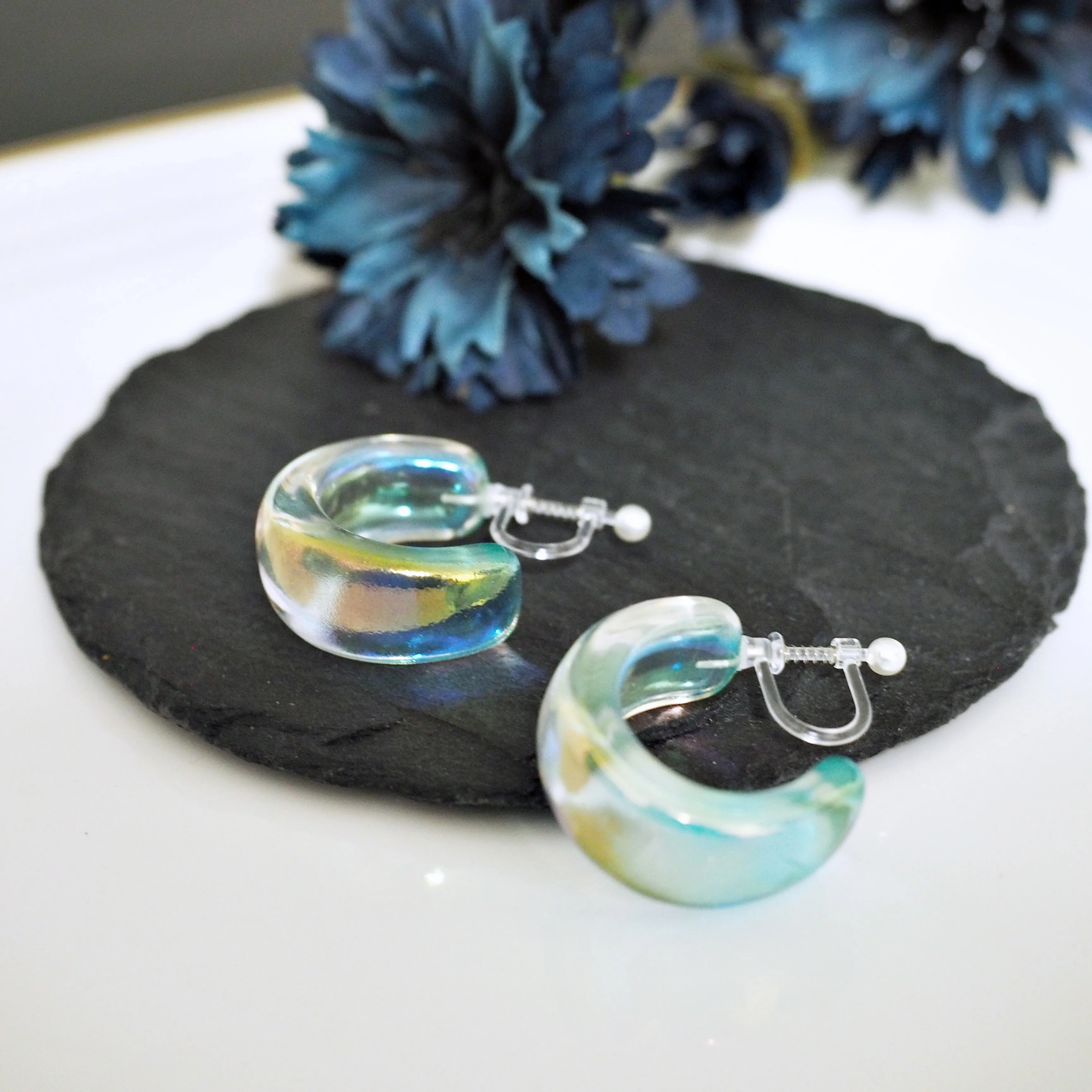 Water Blue 27mm Invisible Clip On Hoop Earrings