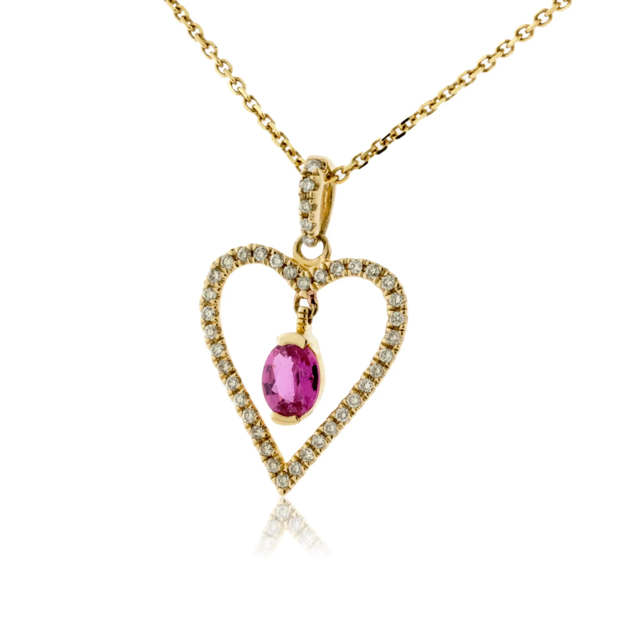 Yellow Gold Diamond and Pink Sapphire Heart Shaped Pendant