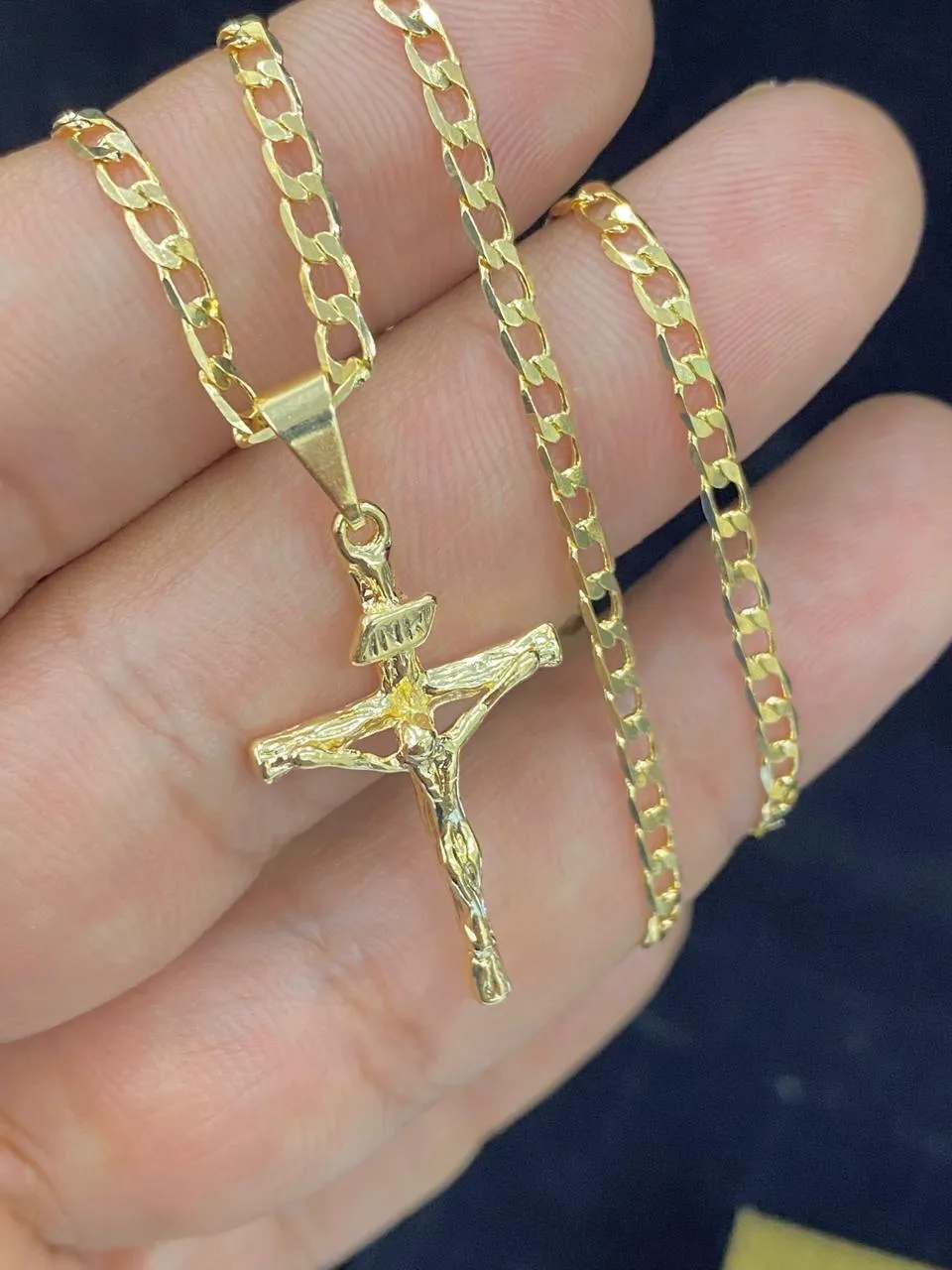 Yellow Gold Filled Rustic Cross Necklace Crucifix Charm Mens Womens Curb Chain 24"